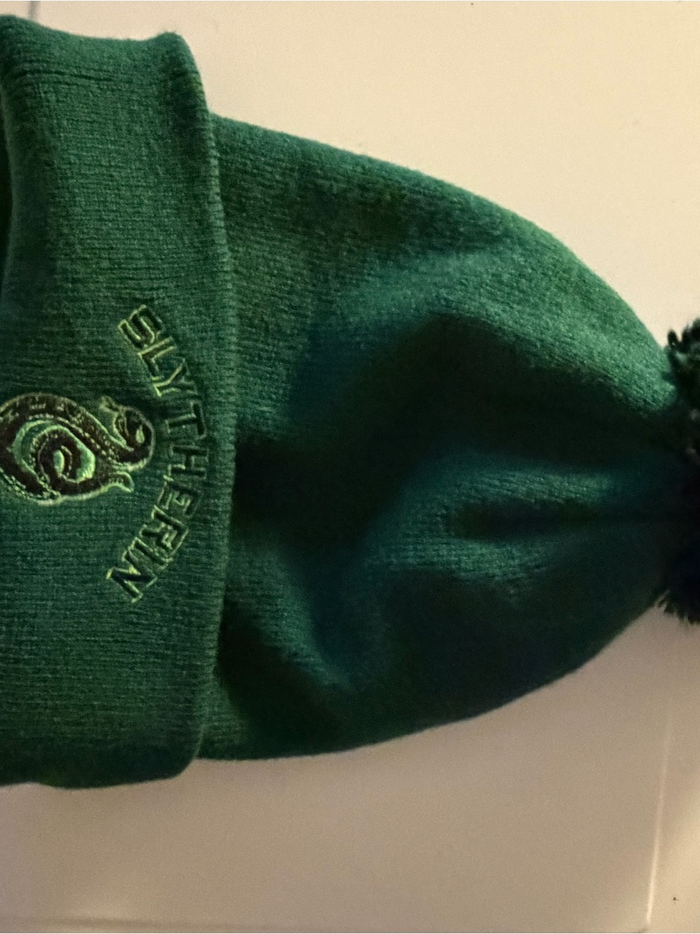 Kids Green Pom Cuffed Knit Beanie with Embroidered Crest